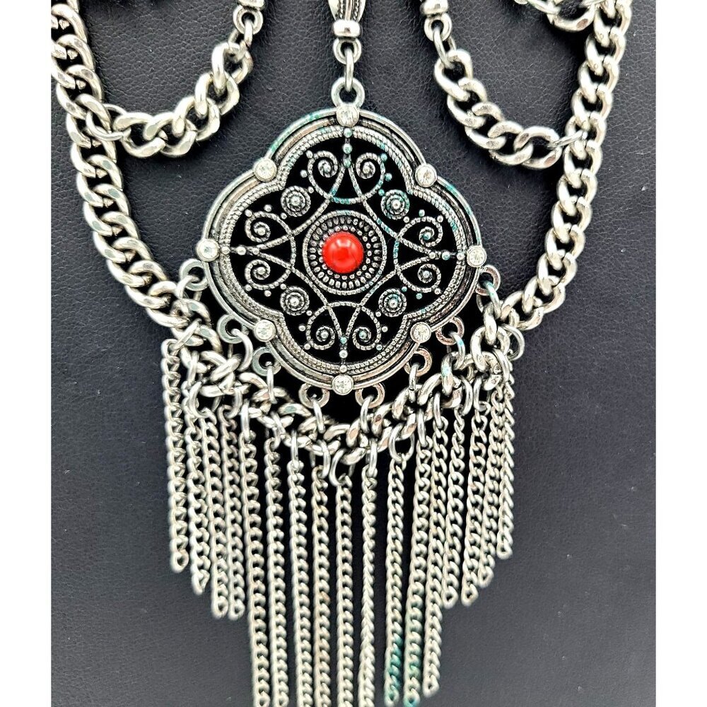 Vtg Boho Statement Necklace Blue & Red Accents Silvertone Chains Gypsy Goth - Picture 6 of 7